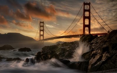 ゴールデンゲートブリッジ, サンフランシスコ, ゴールデンゲート海峡, 夜, 夕日, 山の風景, カリフォルニア, 米国, 吊り橋