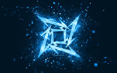 logotipo azul de metallica, 4k, luces de ne&#243;n azules, creativo, fondo abstracto azul, logotipo de metallica, estrellas de la m&#250;sica, metallica