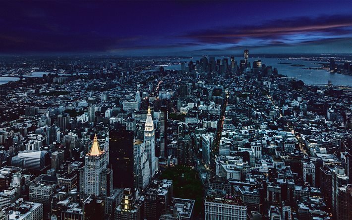 ニューヨーク, 夜景, 高層ビル群, 米, 米国