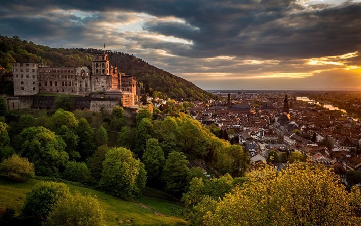 El Castillo de Heidelberg, Noche, panorama de la ciudad, puesta del sol, Heidelberg, Alemania