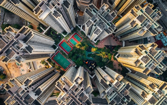 香港, アジア, 中国, 高層ビル群, 建物, トップビュー