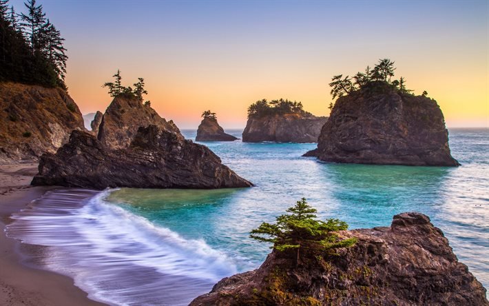 Morning, sunrise, ocean, coast, waves, rocks, USA, Oregon, Pacific Ocean