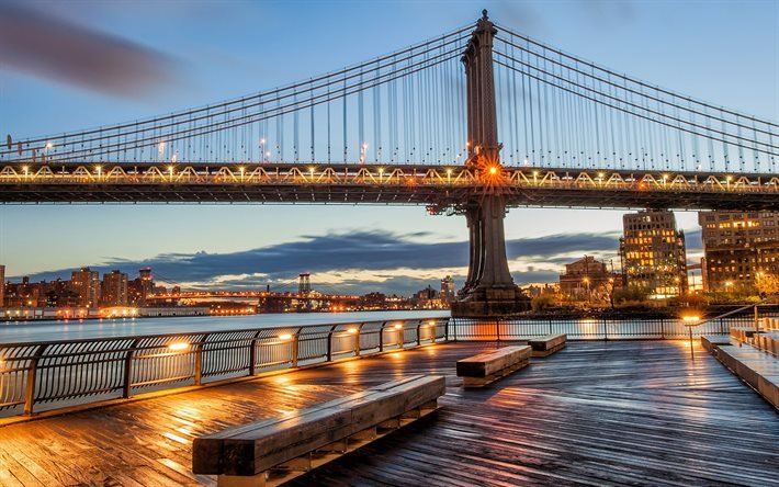 New York, kv&#228;ll, Manhattan Bridge, stadens ljus, USA