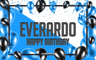 お誕生日おめでとうエバールド, 誕生日用風船の背景, エバーラード, 名前の壁紙, エベラルドお誕生日おめでとう, 青い風船の誕生日の背景, エベラルドの誕生日