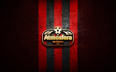 atmosphere mazeikiai fc, golden logo, a lyga, red metal background, football, lithuanian football club, fk atmosphere logo, soccer, fk atmosphere