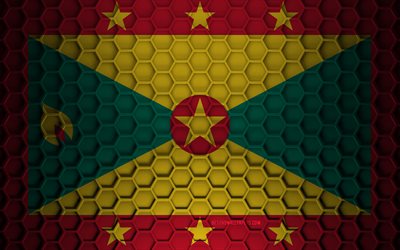 Grenada flag, 3d hexagons texture, Grenada, 3d texture, Grenada 3d flag, metal texture, flag of Grenada