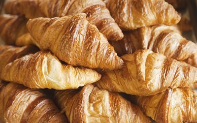 croissants, French pastries, croissants background, bakery products, breakfast