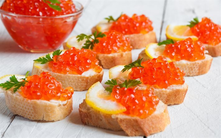 caviar rouge, fruits de mer, caviar, du pain blanc