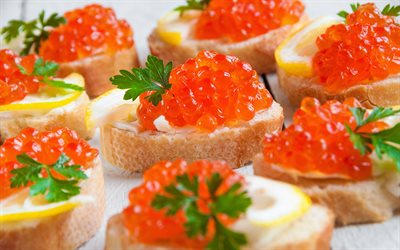 red caviar, fish dishes, fish snacks, caviar, sandwiches with red caviar