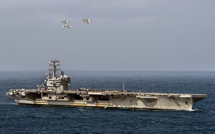 aircraft carrier, USS Ronald Reagan, CVN 76, Four E-2C Hawkeyes, US Navy, USA