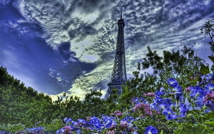 Eiffel, Torre, cielo, nuvole, fiori viola, HDR, Parigi, Francia