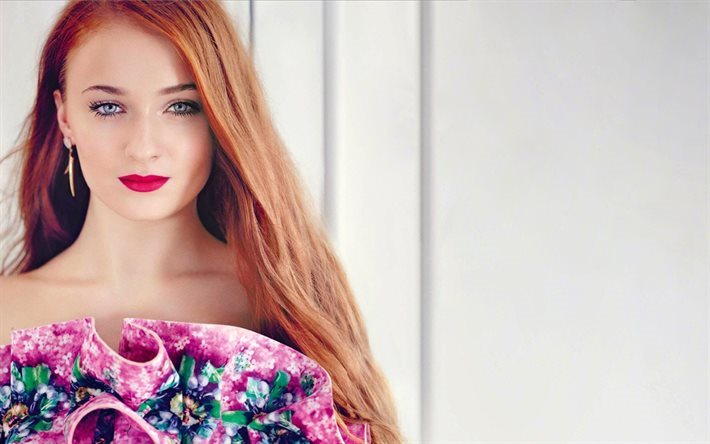 Sophie Turner, make-up, red-haired girl, beautiful girl, actress