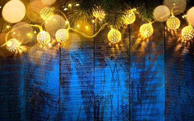 Blue Christmas background, garlands, lanterns, blue wooden boards, New Year, Christmas, Christmas tree