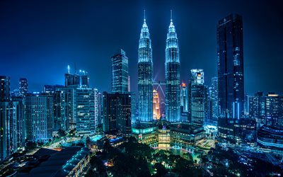 Kuala Lumpur, 4k, Petronas Twin Towers, skyskrapor, nightscapes, Malaysia, Petronas Towers, Asia, Kuala Lumpur p&#229; natten