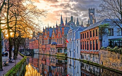 Bruges, evening, sunset, canal, buildings, Bruges cityscape, Belgium