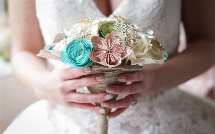 mariage, mari&#233;e en papier bouquet, fleurs en papier, mari&#233;e
