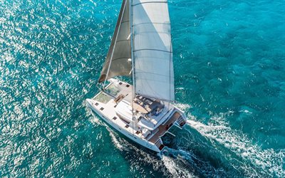 yacht catamaran, view from above, sea, white sails, walk on a yacht, Adriatic Sea, luxury yachts