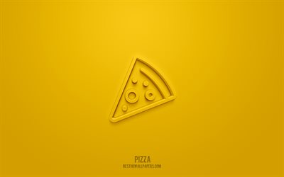Pizza 3d icon, yellow background, 3d symbols, Pizza, Fast food icons, 3d icons, Pizza sign, Fast food 3d icons