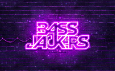 Bassjackers violet logo, 4k, superstars, dutch DJs, violet brickwall, Bassjackers logo, Marlon Flohr, Ralph van Hilst, Bassjackers, music stars, Bassjackers neon logo
