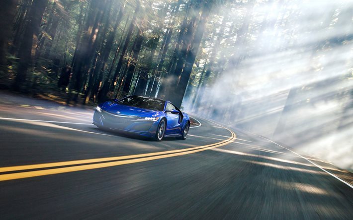 Acura NSX, 2017, Azul NSX, 4k, carros esportivos, estrada, velocidade, carros japoneses, Acura