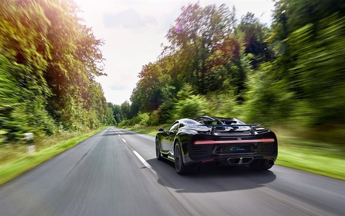 Bugatti Chiron, Back view, road, speed, hypercar, Bugatti