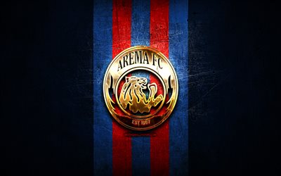 アリーナfc, 金色のロゴ, インドネシアリーグ1, 青い金属の背景, フットボール, インドネシアのサッカークラブ, アリーナfcロゴ, サッカー, fcアレマ