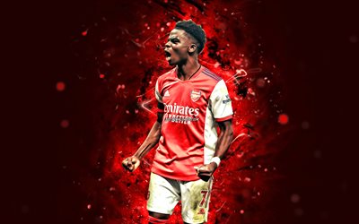 Bukayo Saka, 4k, 2021, english footballers, Arsenal FC, red neon lights, soccer, Premier League, football, The Gunners, Bukayo Saka Arsenal, Bukayo Saka 4K