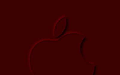 apple red logo, 4k, criativo, m&#237;nimo, vermelho de fundo, apple logo 3d, apple minimalismo, apple logo, apple