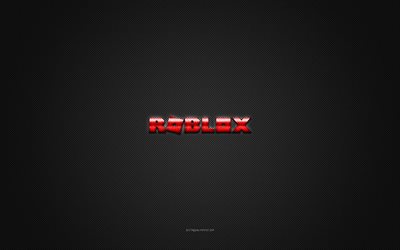 logo roblox, logo rosso lucido, emblema in metallo m, trama in fibra di carbonio grigia, roblox, marchi, arte creativa, emblema roblox