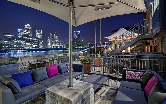 terrasse, nacht, stadt, columbia docklands, kolumbien, 2016, restaurant, london