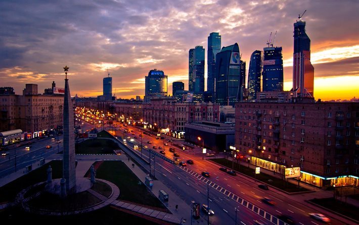 skyscrapers, moscow, evening, lights, city, moscow-city, street, business center