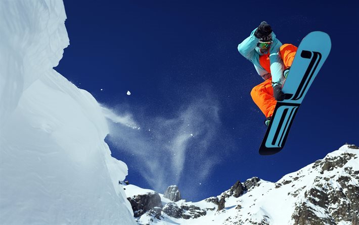 mountain, jump, skiing, mountains, sport, extreme, snowboarding