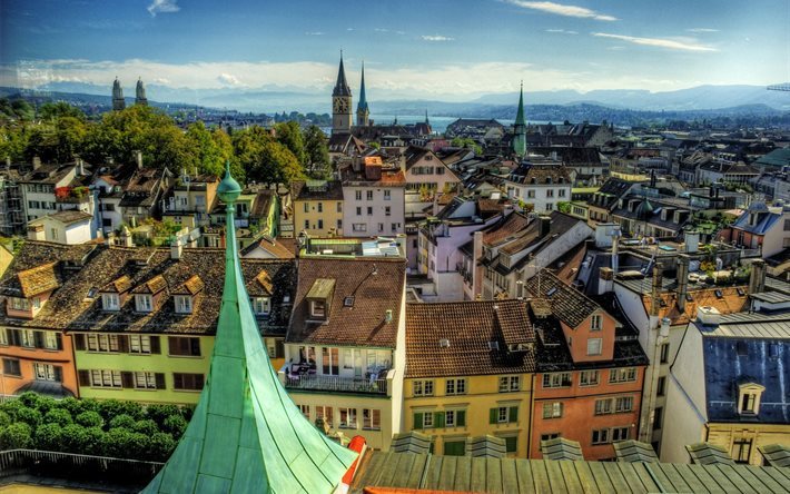 kaupunki, arkkitehtuuri, taivas, taloja, hdr, katto, z&#252;rich, sveitsi, panorama