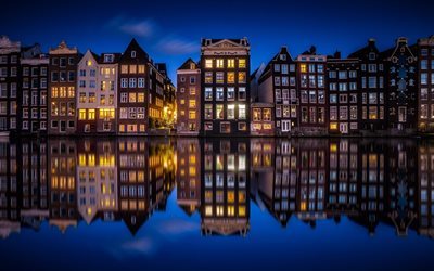 Netherlands, canal, night, Amsterdam, reflections, Holland