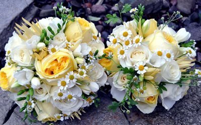 wedding bouquet, roses, freesia, chamomile, two bouquets, bridal bouquet