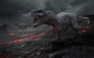 dinosaurs, lava, volcano, fantasy, 3d dinosaurs, prehistoric animals