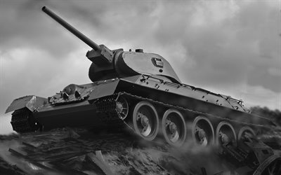T-34, 4k, モノクロ, 第二次世界大戦, タンク, ソビエト戦車, 第一次世界大戦