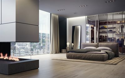 stylish bedroom interior design, fireplace in the bedroom, modern interior, floor-to-ceiling windows, bedroom, idea for a bedroom