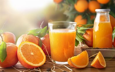 jus d&#39;oranges, boissons saines, oranges, agrumes, jus de fruits, un verre de jus, jus
