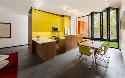 スタイリッシュなキッチンインテリアデザイン, 黄色のキッチン家具, 灰色のキッチンの床, ダイニング, モダンなインテリアデザイン, キッチンのアイデア