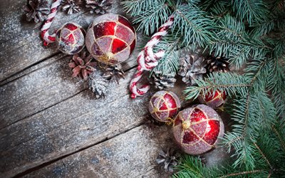 Christmas tree, xmas balls, wooden background, Christmas, Xmas, Happy New Year