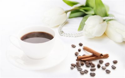 black coffee, coffee beans, coffee cup, white tulips, cinnamon sticks