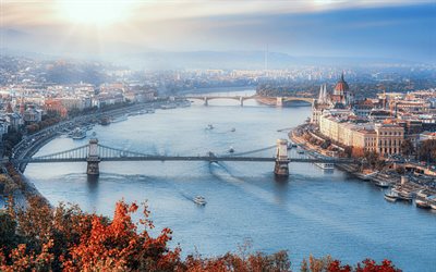Budapest flyg- sikt, kedjebro, Donau River, Budapest i h&#246;st, Budapest panorama, Ungern