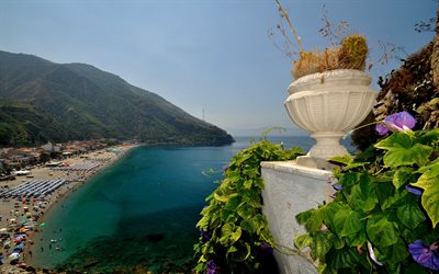 Scilla, playa, costa, mar Tirreno, Calabria, centros tur&#237;sticos de Italia, mar, mar Mediterr&#225;neo, Italia