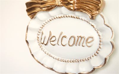 Welcome sign, bronze bow, ceramic sign, Welcome, vintage art, Welcome concepts