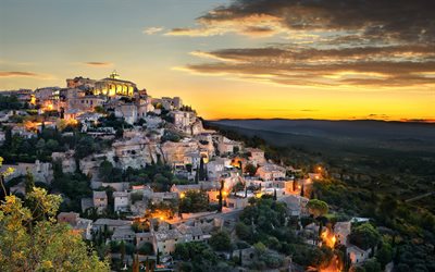 Gordes, beautiful city, evening, sunset, city on the mountain, Provence-Alpes-Cote dAzur, France