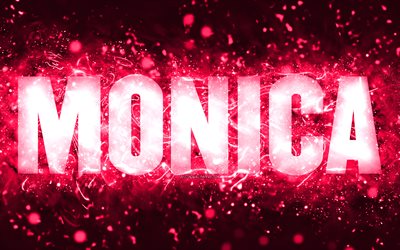 Happy Birthday Monica, 4k, pink neon lights, Monica name, creative, Monica Happy Birthday, Monica Birthday, popular american female names, picture with Monica name, Monica