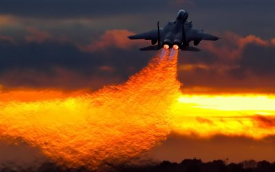mcdonnell douglas f-15e strike eagle, f15e, soir, coucher de soleil, f-15 d&#233;collage, us air force, avion militaire, aviation de combat
