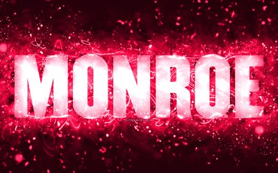 Happy Birthday Monroe, 4k, pink neon lights, Monroe name, creative, Monroe Happy Birthday, Monroe Birthday, popular american female names, picture with Monroe name, Monroe