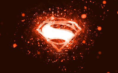 superman-orange-logo, 4k, orangefarbene neonlichter, kreativer, orangefarbener abstrakter hintergrund, superman-logo, superhelden, superman